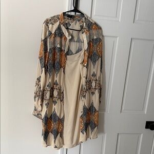 Patterned Cream and Blue Women's Dress